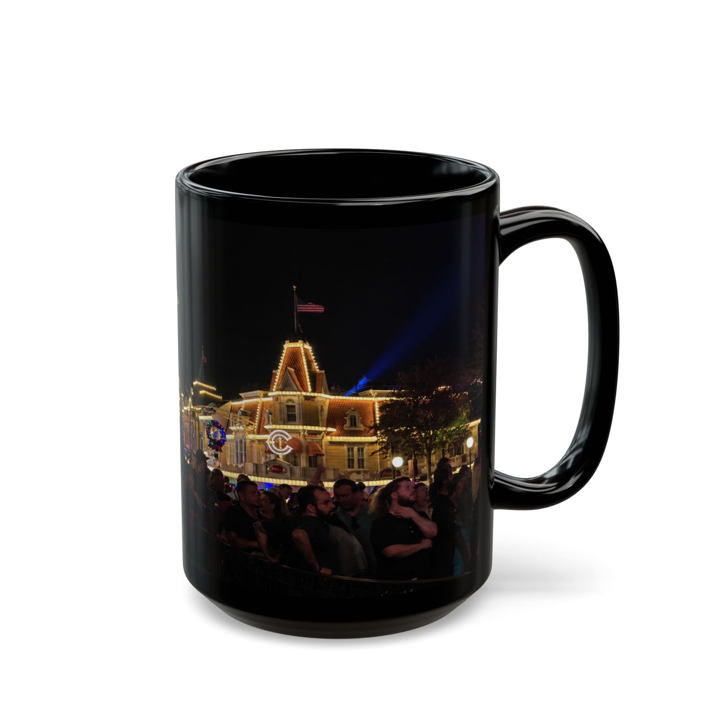 Magic Kingdom Nighttime Theme Park Lights Mug — Scenic Black Coffee Cup