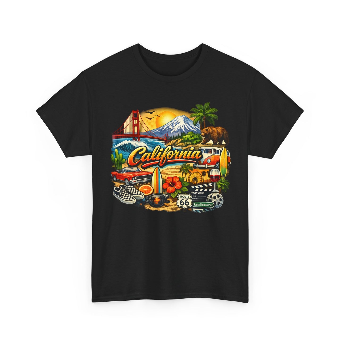 California Vintage Travel T-Shirt — Golden Gate, Palm Trees & Route 66 Tee