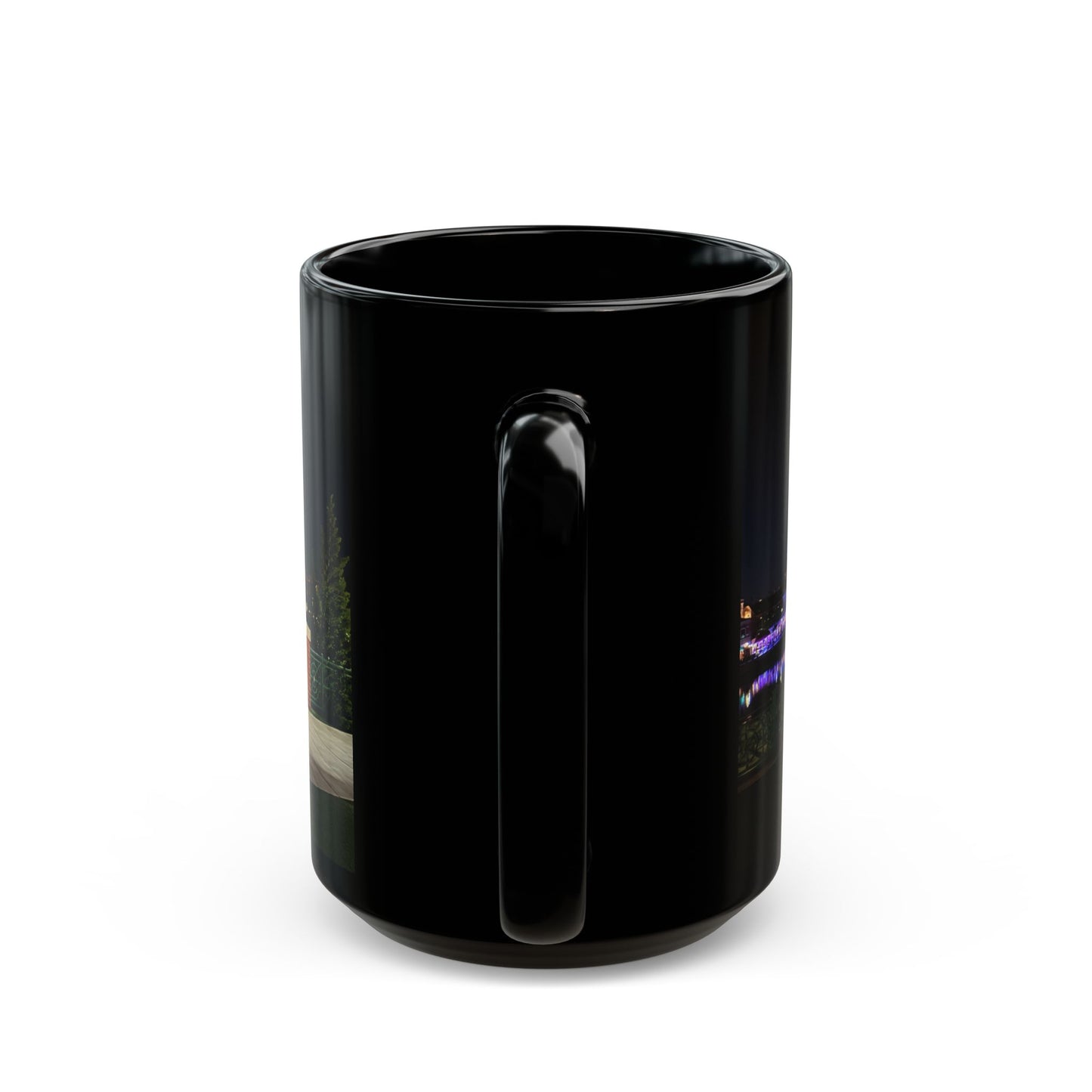 The Simpsons Photo Mug — University Statue & Campus Lights (Black 11oz/15oz)