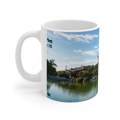 Pagoda Lakeside Ceramic Mug — Asian Temple Travel Photo Coffee Cup (11oz/15oz)