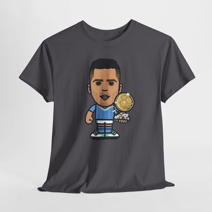 Rodri Manchester City Cartoon Tee — Player Holding Trophy Graphic Shirt