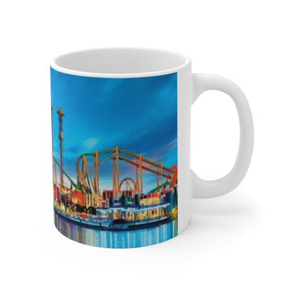Orlando Theme Park Nightscape Ceramic Mug — Colorful Roller Coaster Skyline (11oz & 15oz)