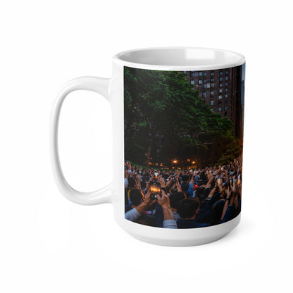 New York City Manhattanhenge Sunset Photo Mug — NYC Skyline Crowd Ceramic Coffee Cup (11oz/15oz)