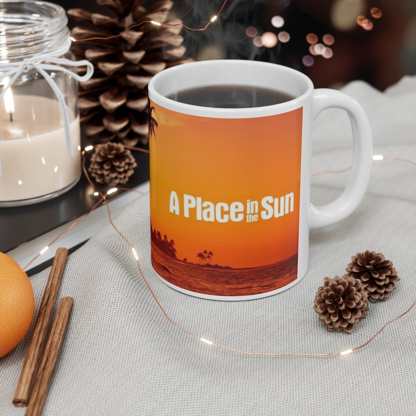 A Place in the Sun - Sunset Palm Beach Mug – Tropical Sunrise Ceramic Coffee Cup (11oz & 15oz)