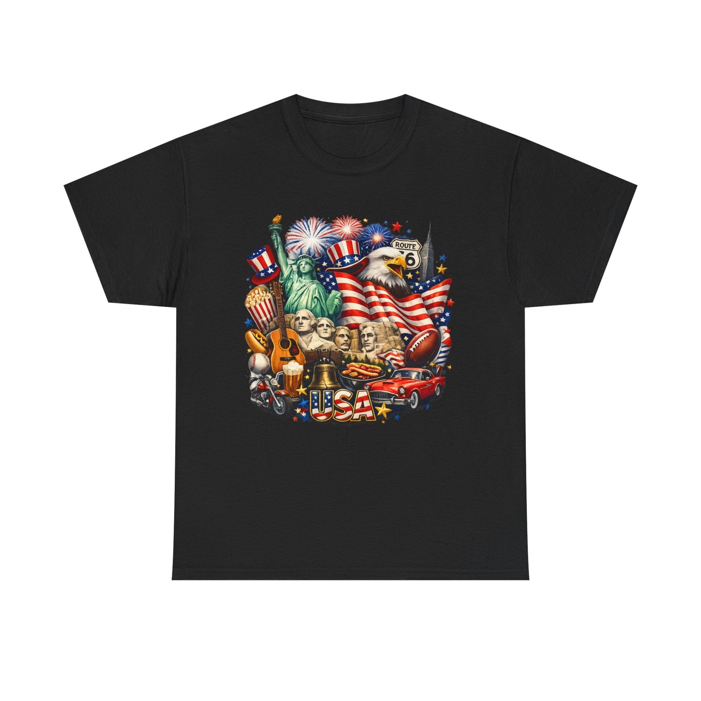 Patriotic USA Graphic Tee – American Flag, Statue of Liberty & Fireworks T-Shirt