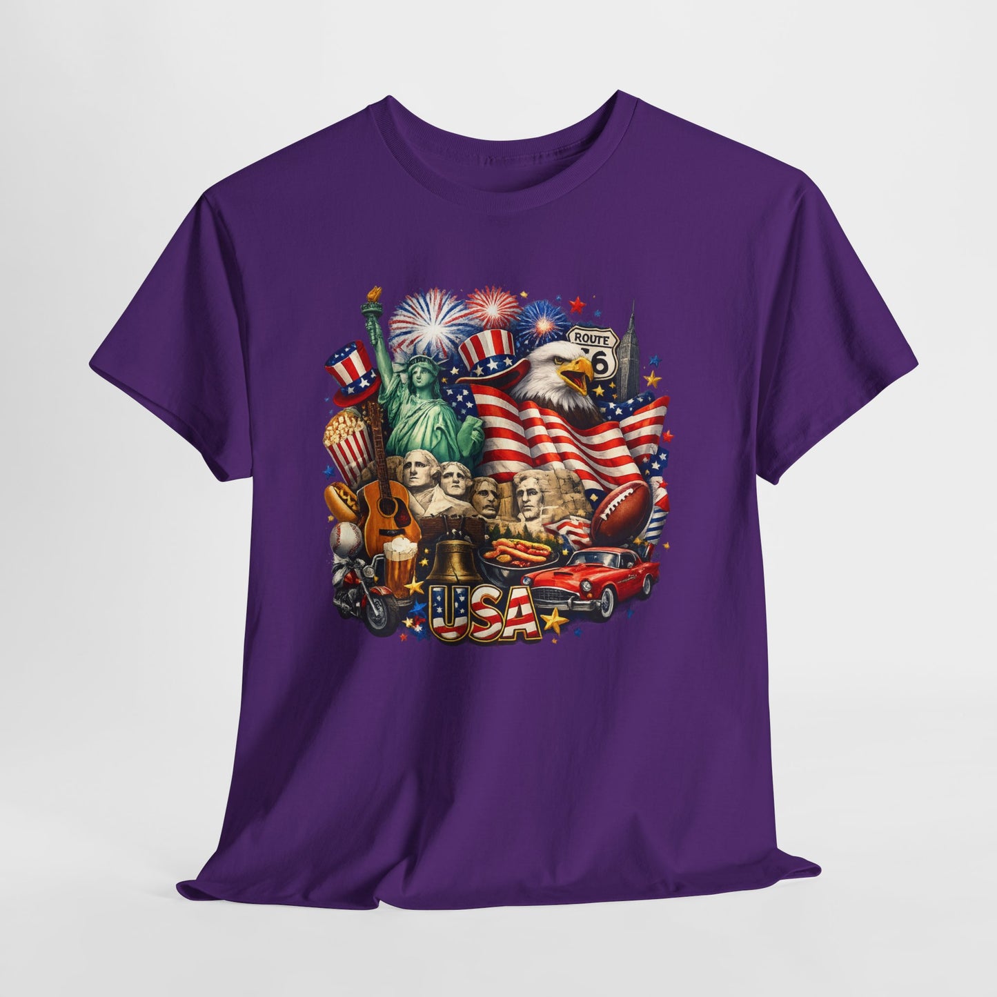 Patriotic USA Graphic Tee – American Flag, Statue of Liberty & Fireworks T-Shirt