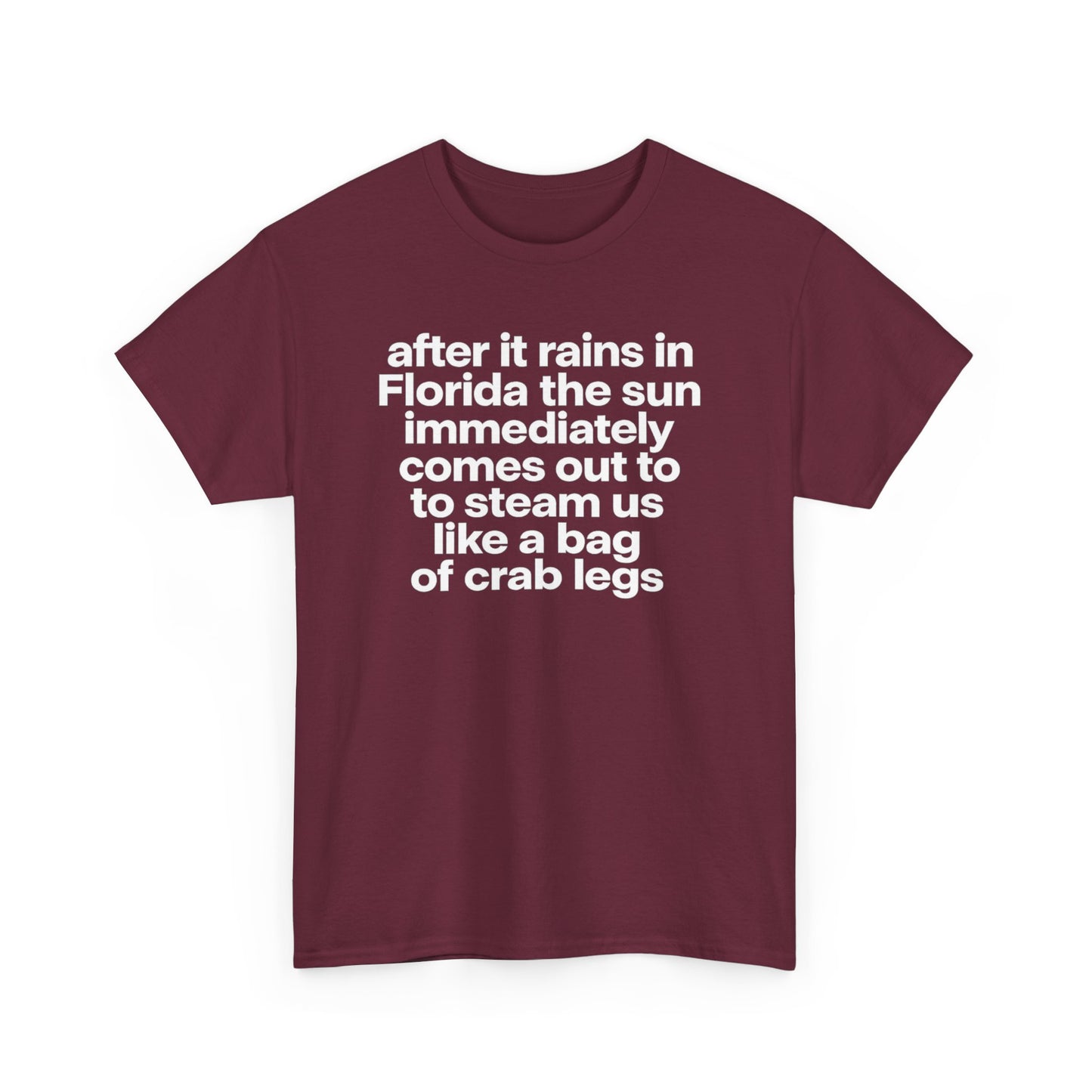 T-Shirt — "after it rains in Florida the sun immediately comes out to steam us like a bag of crab legs" Funny Florida Weather Tee