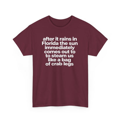 T-Shirt — "after it rains in Florida the sun immediately comes out to steam us like a bag of crab legs" Funny Florida Weather Tee