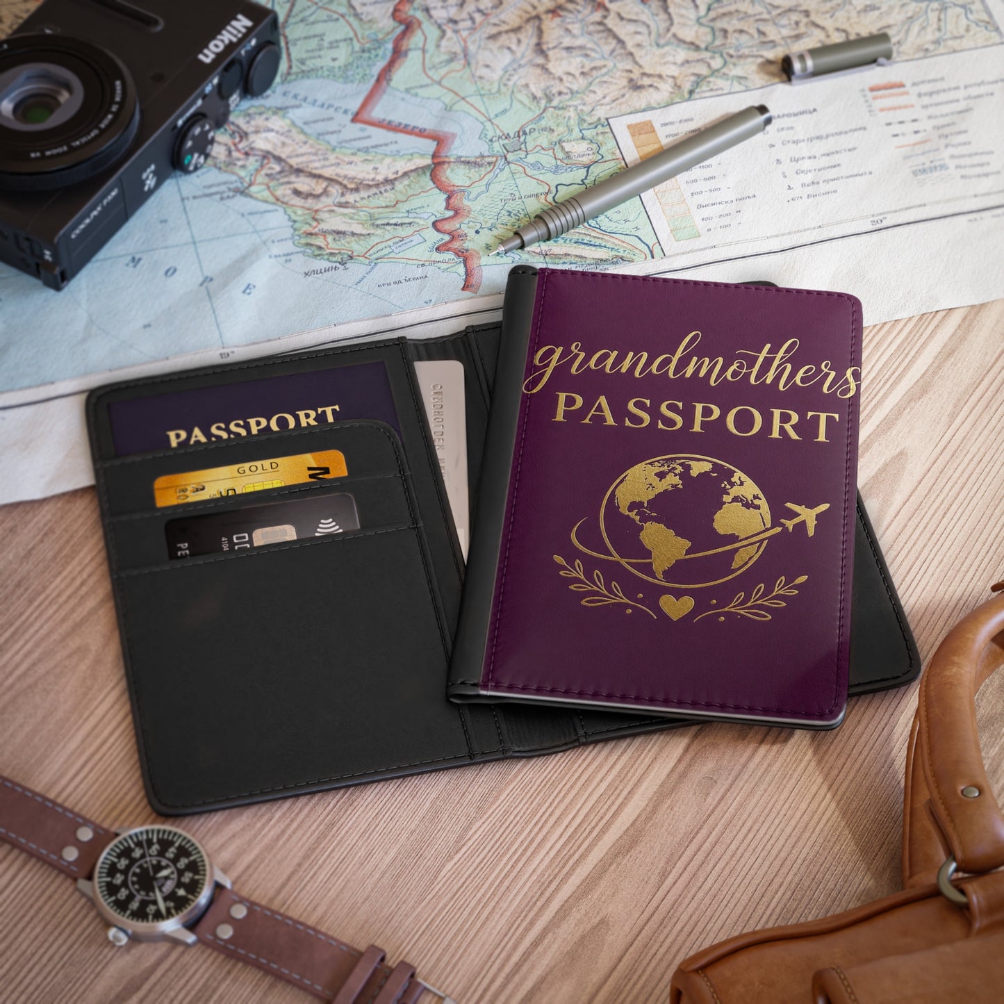 Grandmother’s Passport Cover – Travel Wallet for Nana, Gold Globe Design