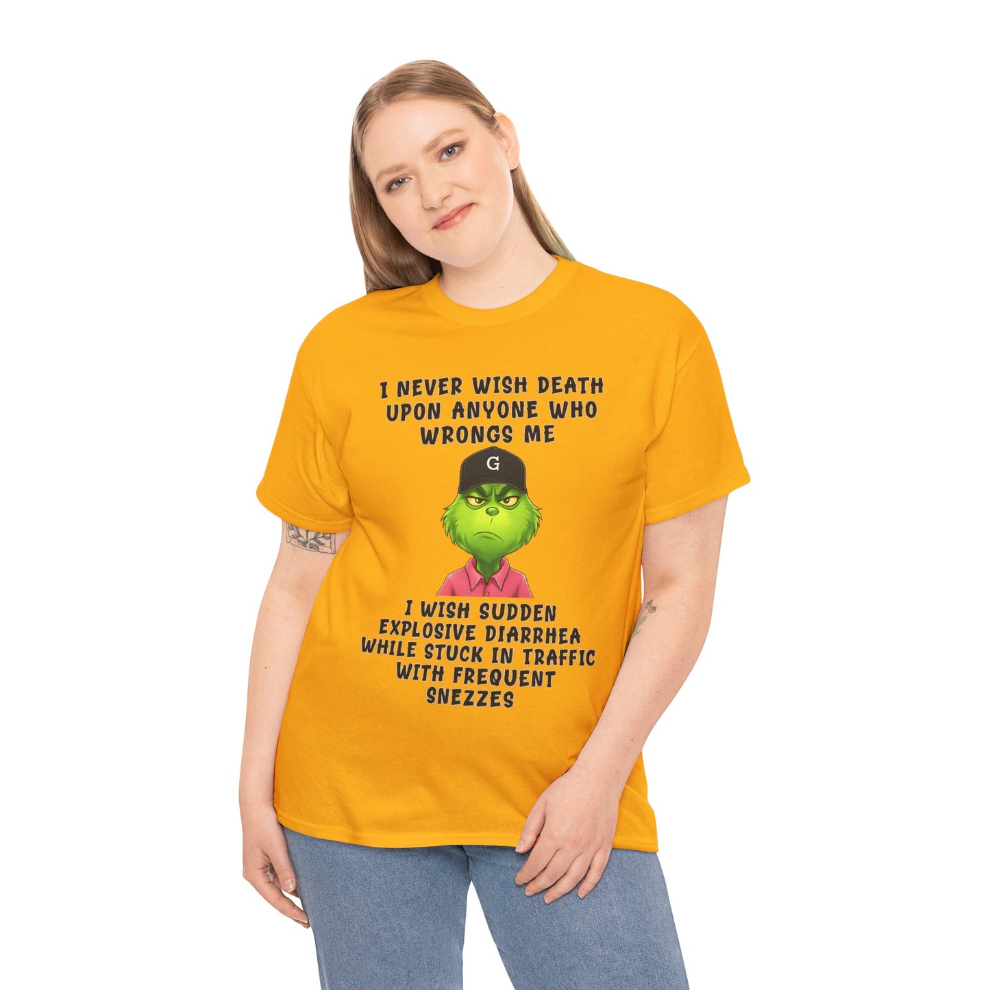 Funny Grinch Face Tee — “I Never Wish Death…” Novelty Graphic T-Shirt