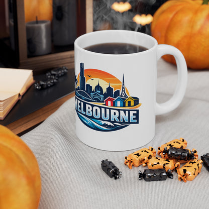 Melbourne Skyline Ceramic Coffee Mug — Retro Beach Cityscape 11oz/15oz
