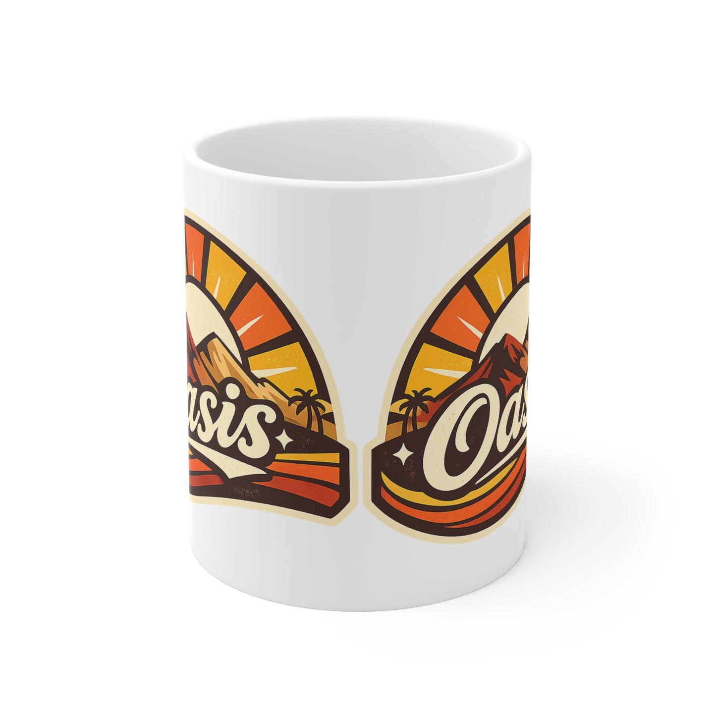 Oasis Mountain Sunrise Coffee Mug — Retro Palm Desert Ceramic Cup (11oz & 15oz)