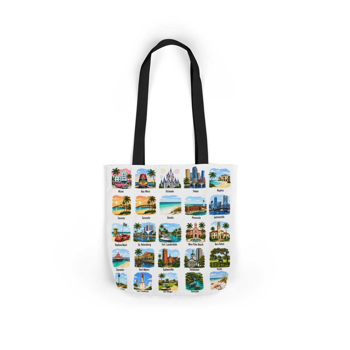 Florida City Landmark Collage Canvas Tote Bag — Vintage Travel Icons Print