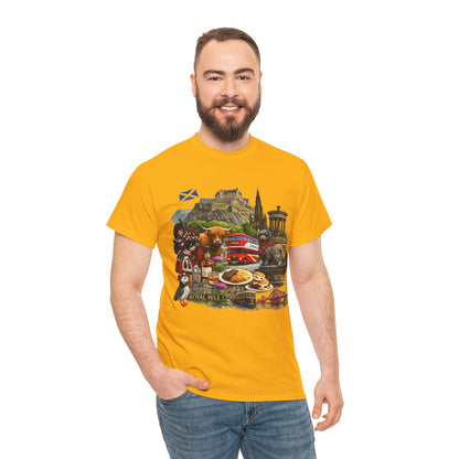 Scotland / Edinburgh Travel Collage T-Shirt — Edinburgh Castle, Bagpipes & Local Icons