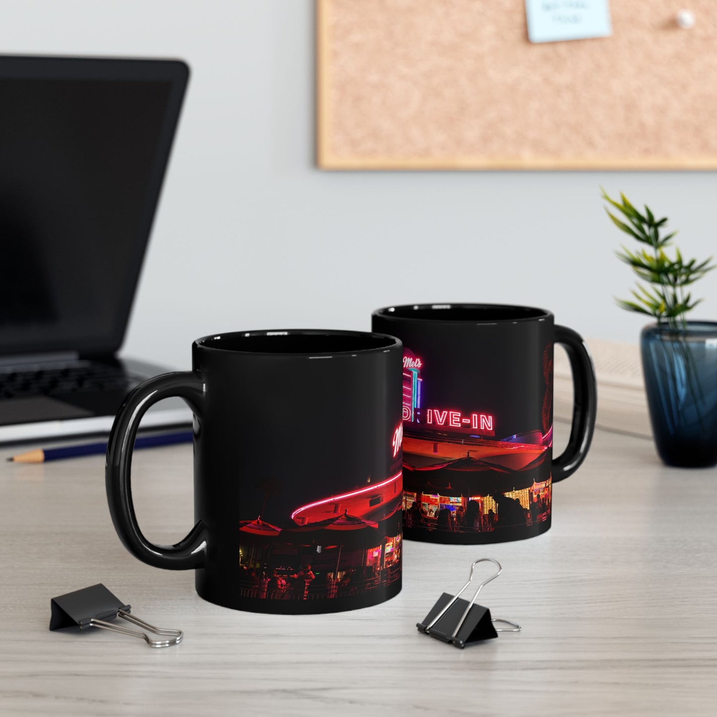 Mel's Drive-In Neon Night Coffee Mug — Retro Diner Black Ceramic Mug (11oz, 15oz)