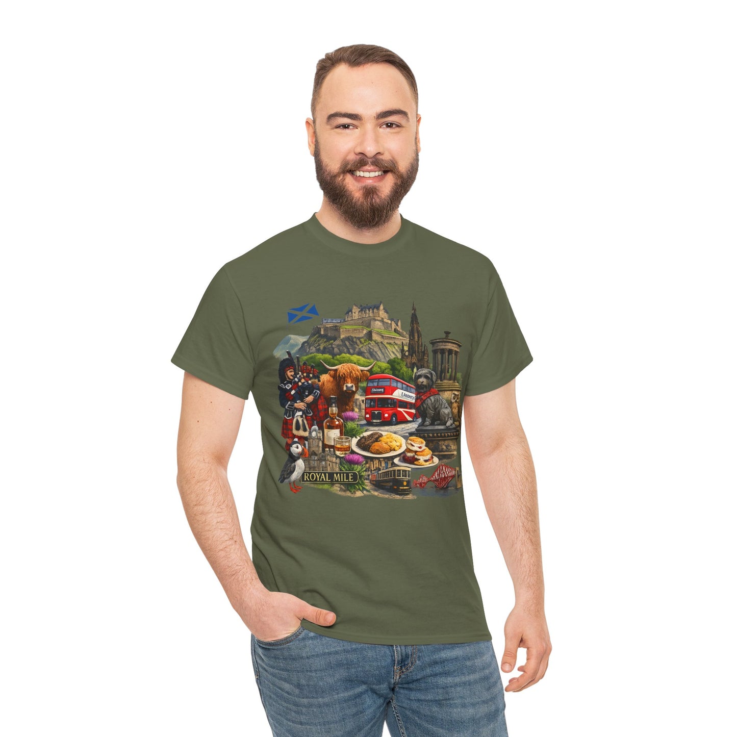 Scotland / Edinburgh Travel Collage T-Shirt — Edinburgh Castle, Bagpipes & Local Icons