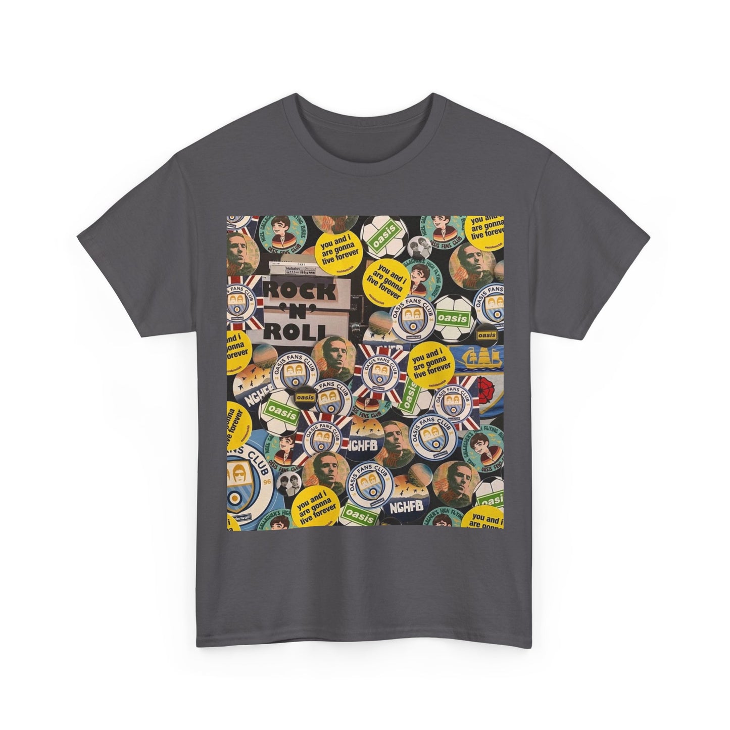 Oasis Rock & Roll Retro Button Collage Tee