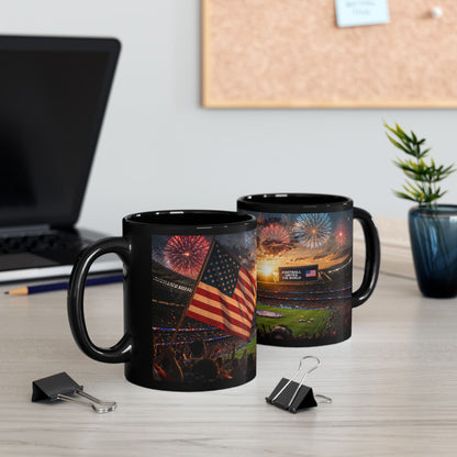 World Cup 2026 Patriotic Stadium Fireworks Black Mug — American Flag Football Game Coffee Cup (11oz/15oz)