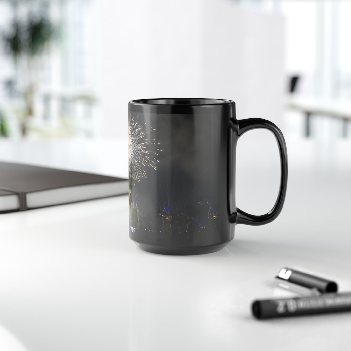 Fireworks MK Castle Black Mug — Nighttime Theme Park Coffee Cup (11oz/15oz)