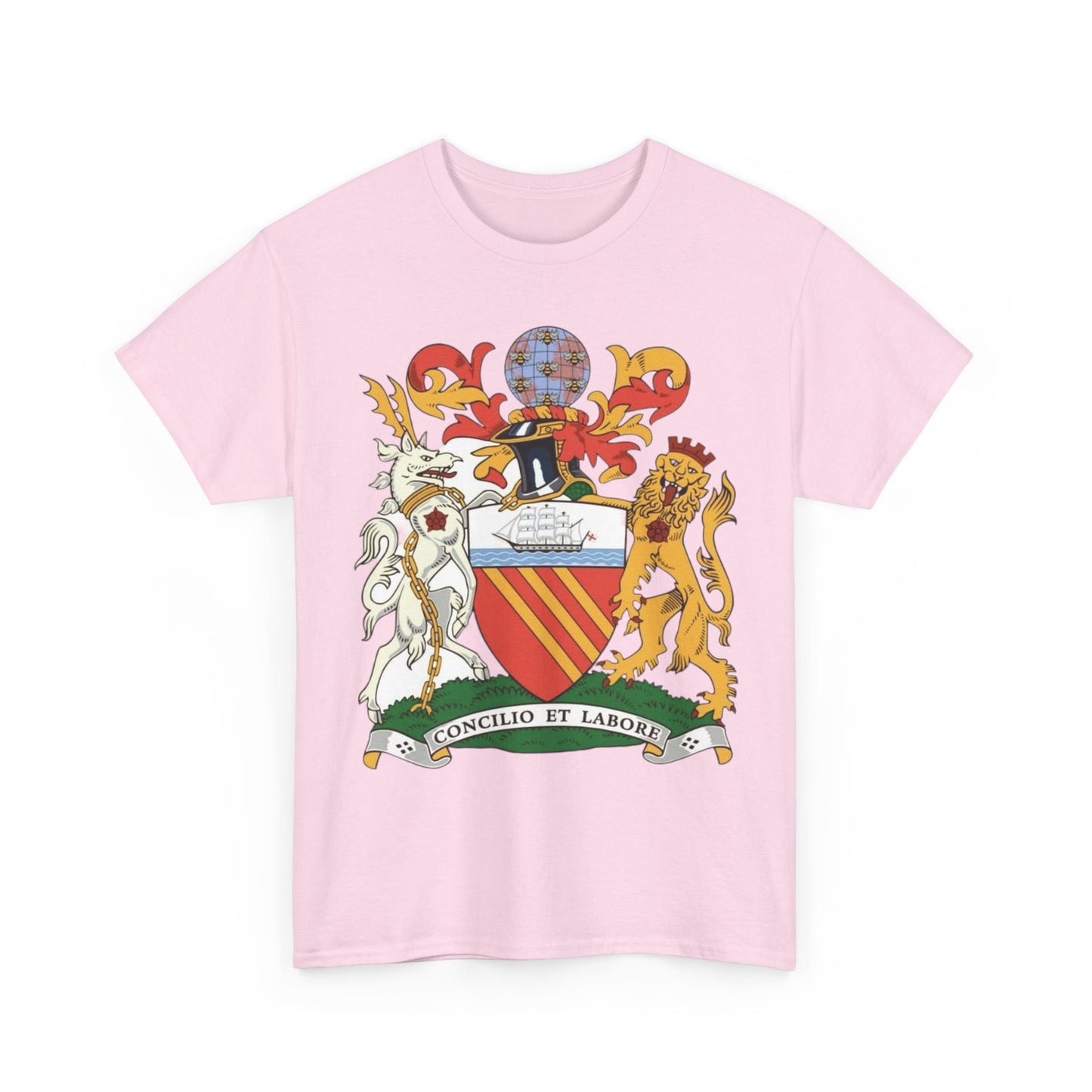 Manchester Coat of Arms Crest T‑Shirt — Heraldic Family Shield Tee with 'Concilio et Labore' Banner