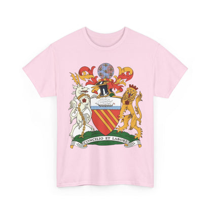 Manchester Coat of Arms Crest T‑Shirt — Heraldic Family Shield Tee with 'Concilio et Labore' Banner