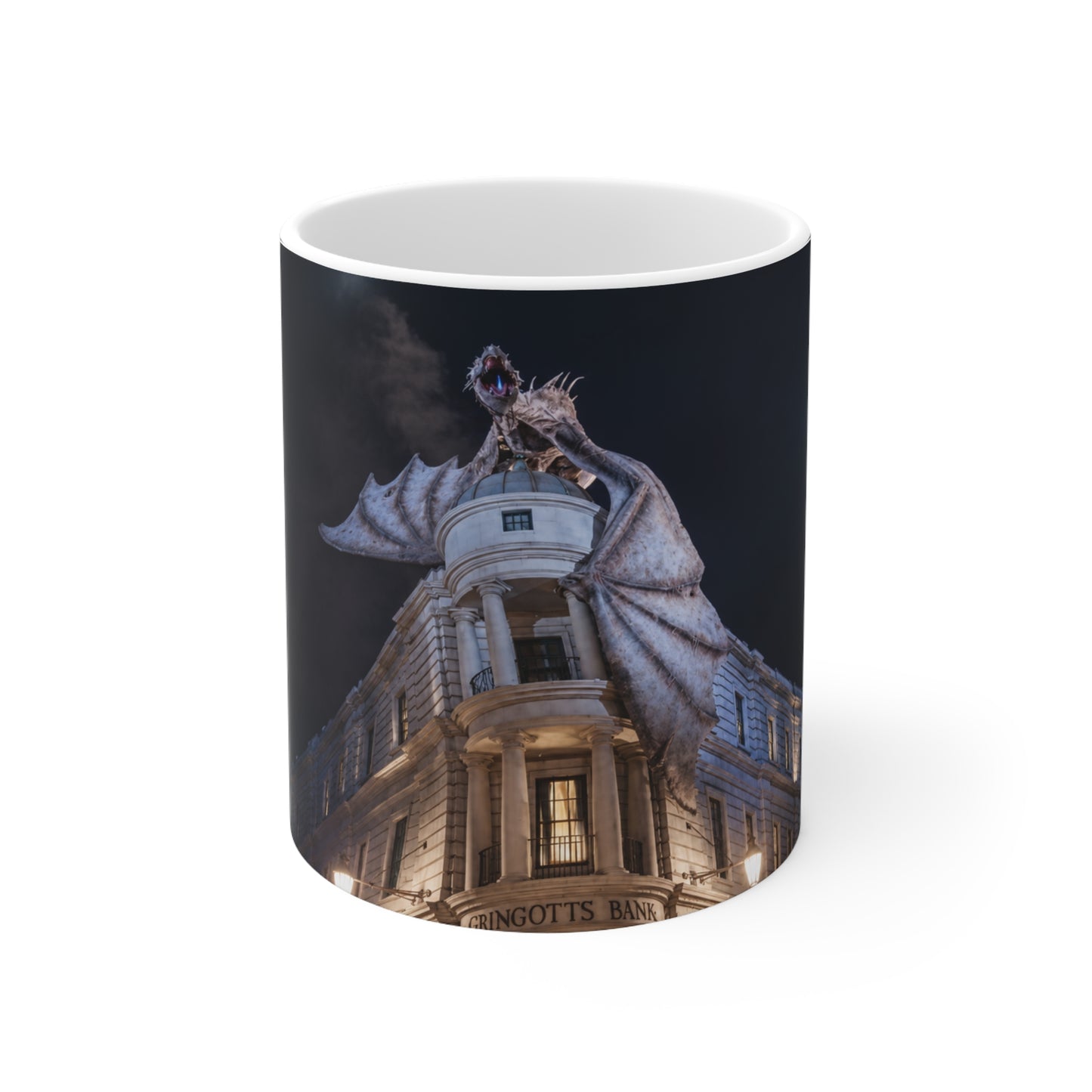 Dragon Perched on Rooftop Ceramic Coffee Mug — Gothic Night Fantasy 11oz/15oz