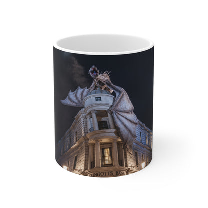 Dragon Perched on Rooftop Ceramic Coffee Mug — Gothic Night Fantasy 11oz/15oz