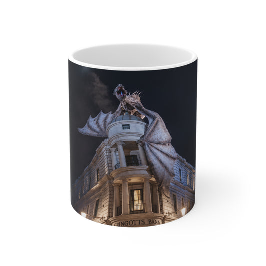 Dragon Perched on Rooftop Ceramic Coffee Mug — Gothic Night Fantasy 11oz/15oz