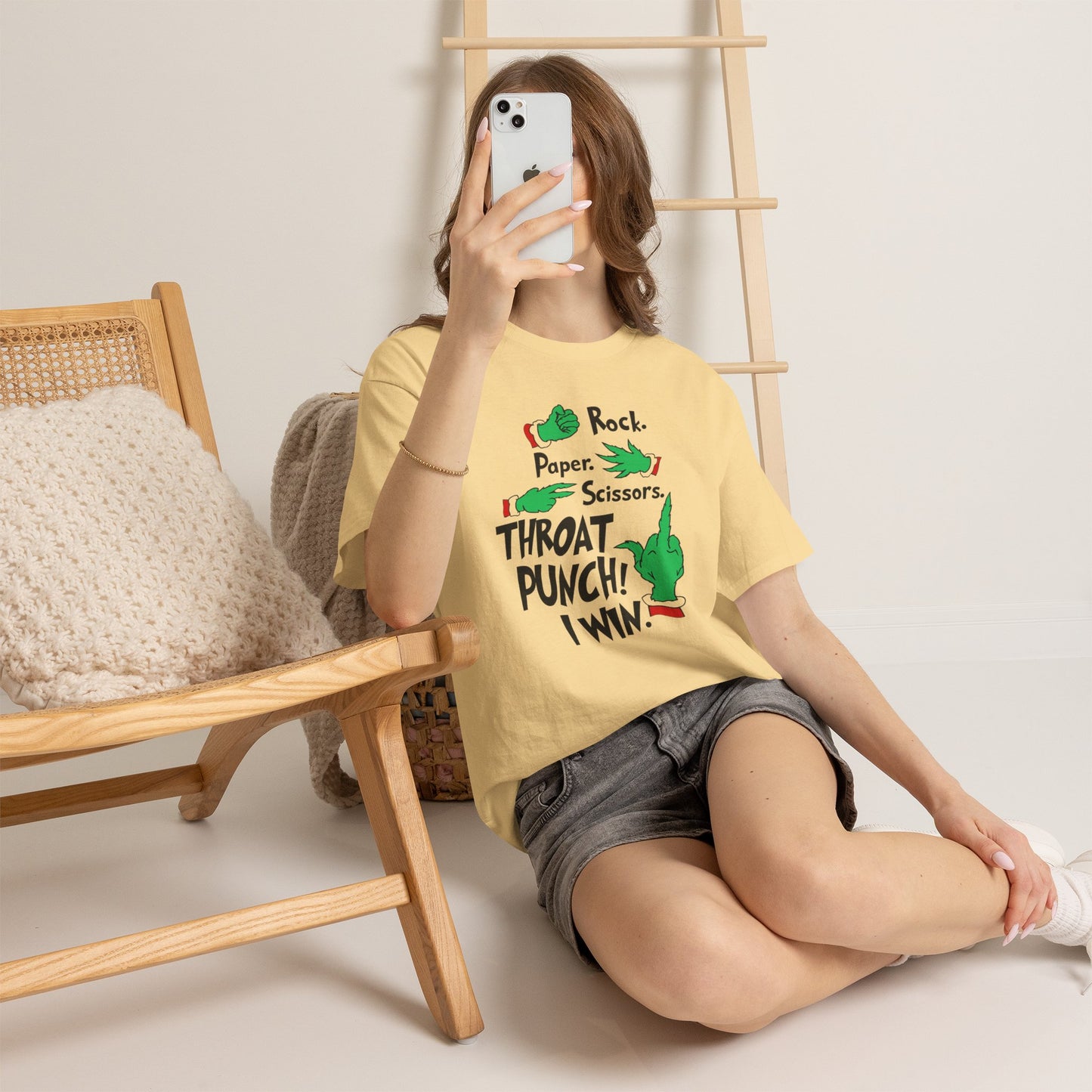 Funny Holiday Tee — "Rock. Paper. Scissors. Throat Punch! I Win" Graphic T-Shirt