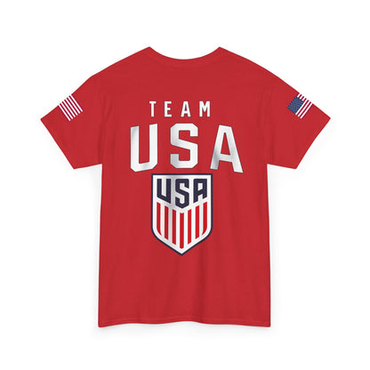 Team USA Flag T‑Shirt — Patriotic Navy Tee with Back Shield Logo