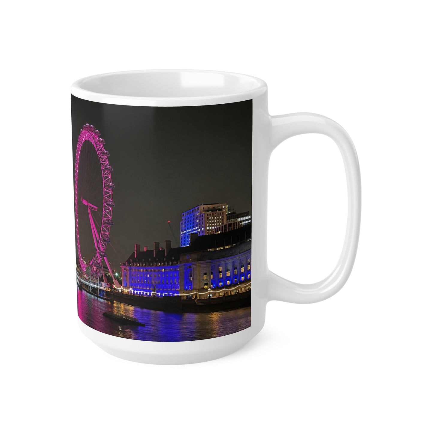 London Eye Nightscape Ceramic Mug — Pink London Eye & River Thames Coffee Cup (11oz & 15oz)