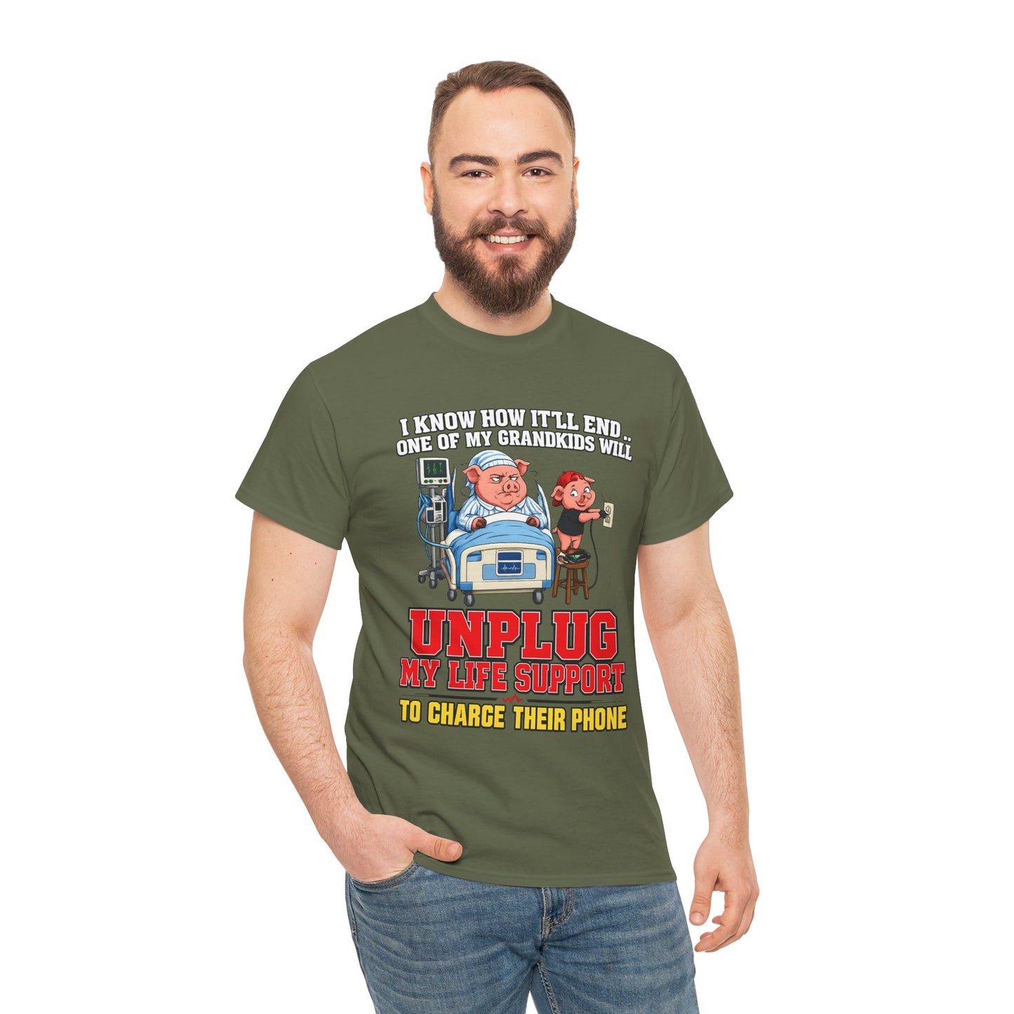 Funny Grandpa T-Shirt - "Unplug My Life Support to Charge Their Phone" Grandpa Humor Tee