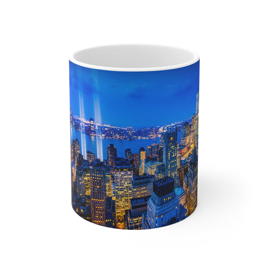 NYC City Skyline Coffee Mug — Nighttime Urban Panorama Ceramic Cup (11oz & 15oz)