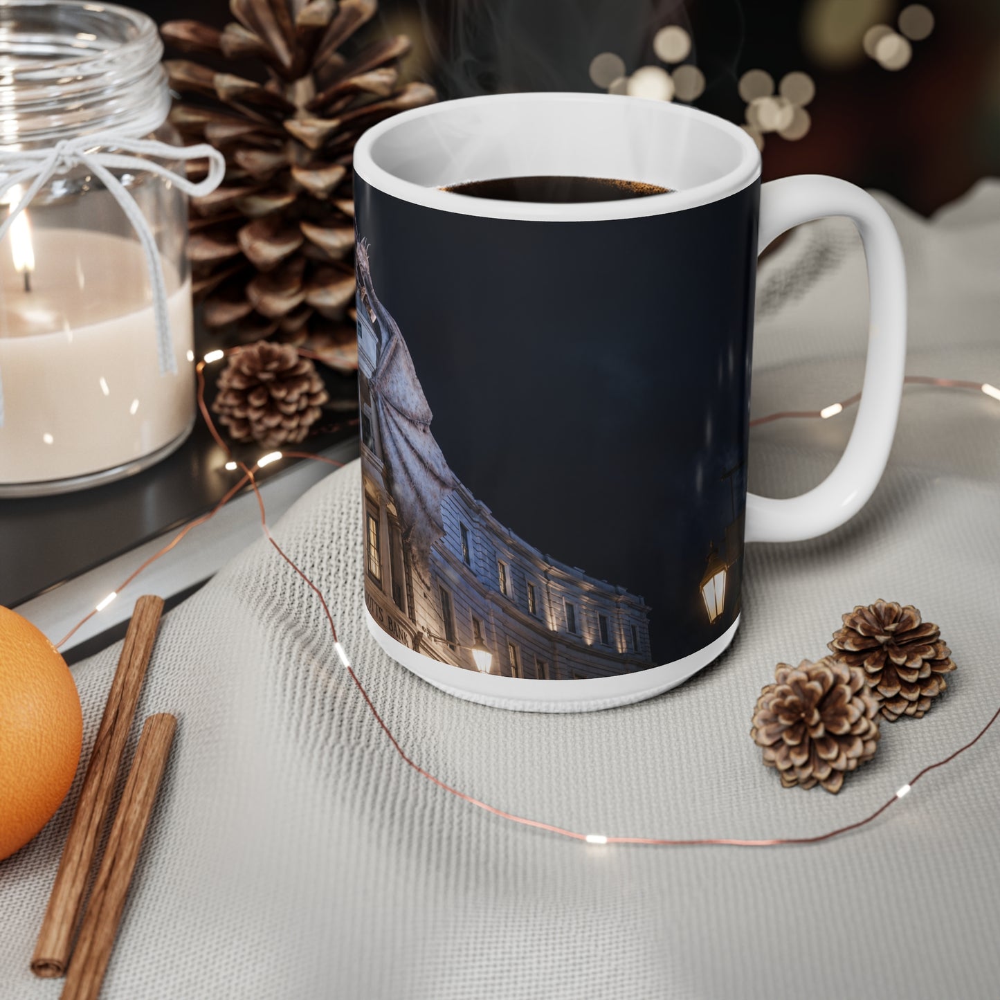 Dragon Perched on Rooftop Ceramic Coffee Mug — Gothic Night Fantasy 11oz/15oz