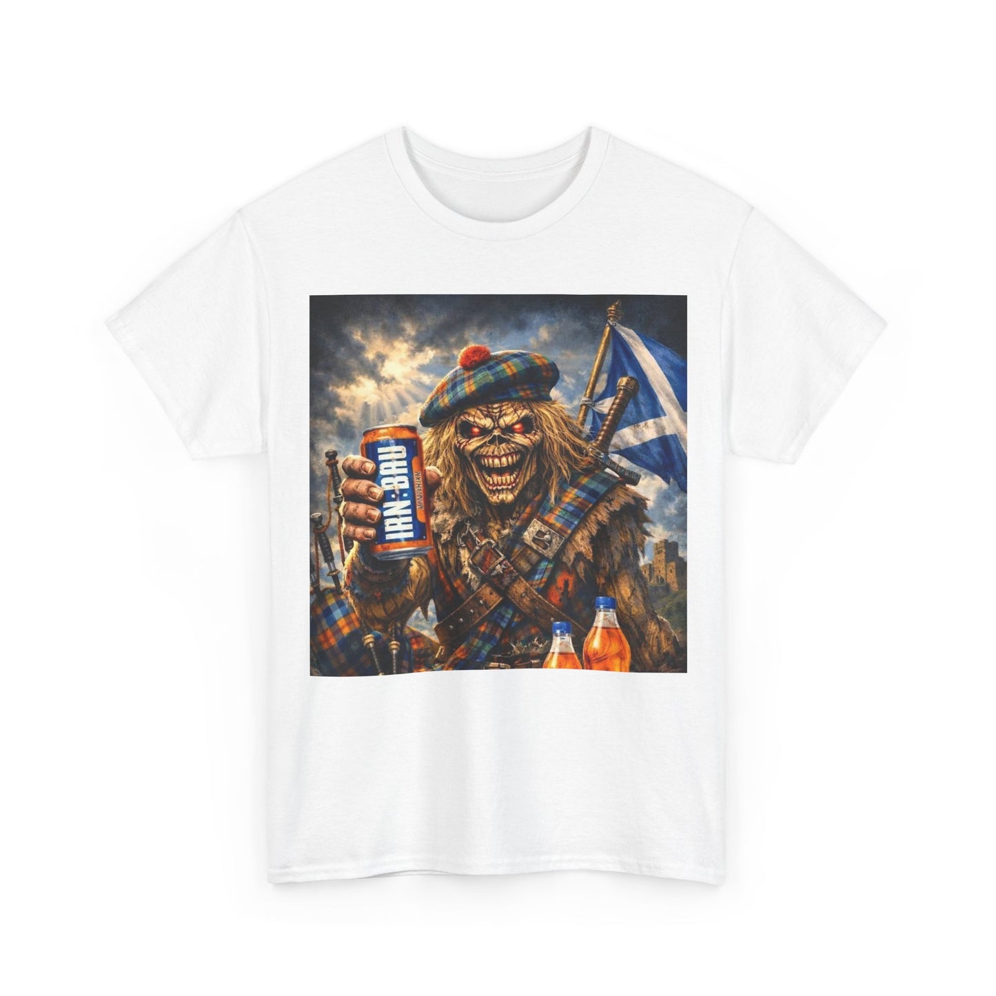 Scottish Rock Skull T‑Shirt — Eddie the Piper with Flag & Can Graphic Tee