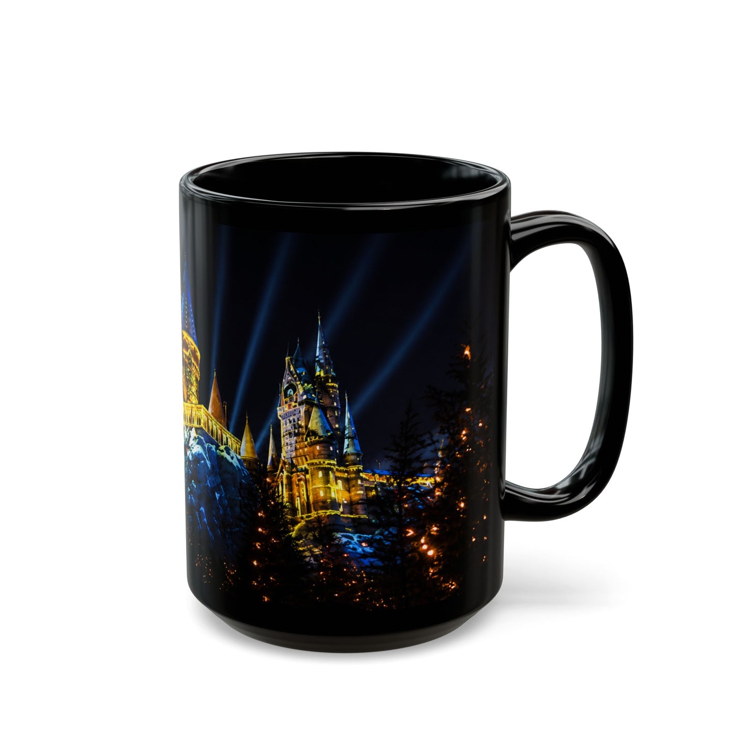 Hogwarts Night Castle Black Coffee Mug – Festive Illuminated Castle Panorama (11oz & 15oz)