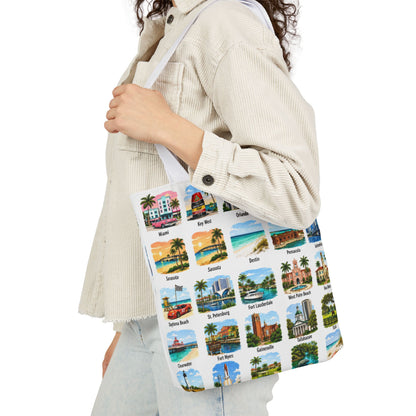 Florida City Landmark Collage Canvas Tote Bag — Vintage Travel Icons Print