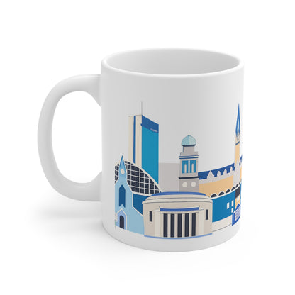 Manchester City Skyline Ceramic Coffee Mug — Blue Landmark Panorama, 11oz & 15oz