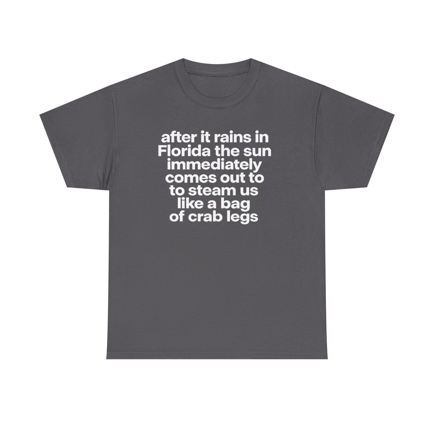 T-Shirt — "after it rains in Florida the sun immediately comes out to steam us like a bag of crab legs" Funny Florida Weather Tee