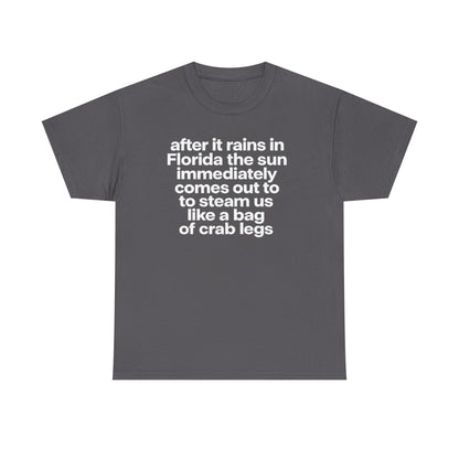 T-Shirt — "after it rains in Florida the sun immediately comes out to steam us like a bag of crab legs" Funny Florida Weather Tee