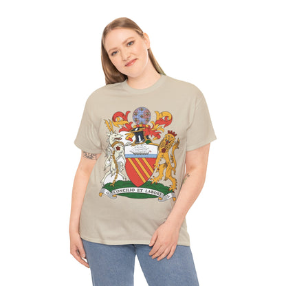 Manchester Coat of Arms Crest T‑Shirt — Heraldic Family Shield Tee with 'Concilio et Labore' Banner