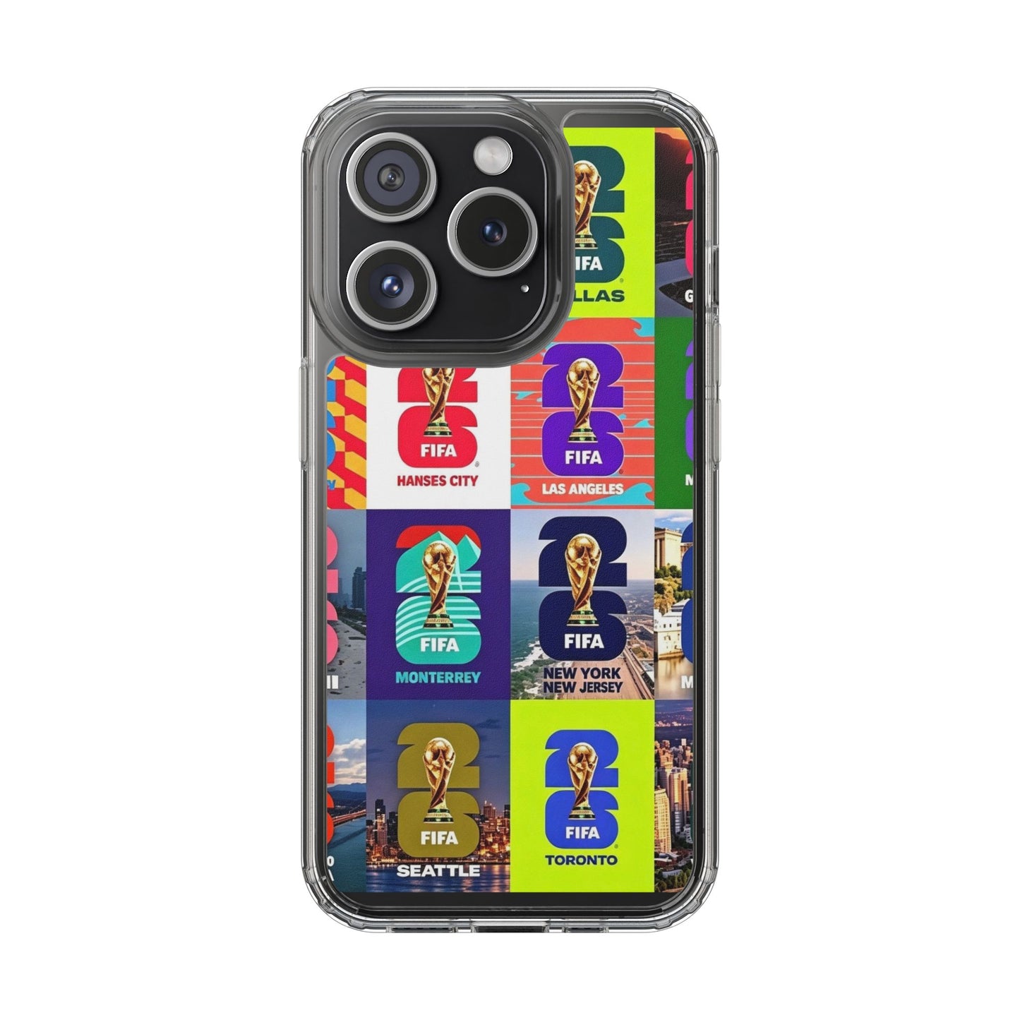 FIFA World Cup Pop Art Clear Phone Case — City Badge Collage (Dallas, LA, Monterrey, Toronto, Seattle)