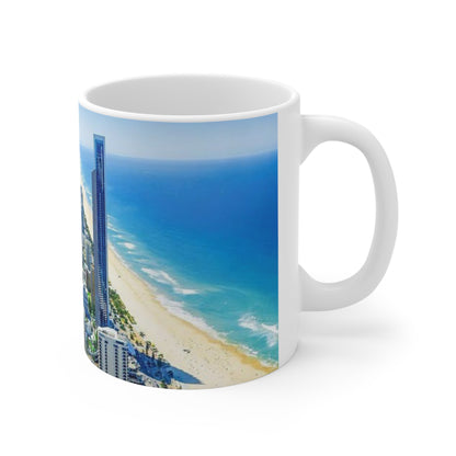 Coastal City Skyline Ceramic Coffee Mug — Aerial Beachfront Cityscape 11oz/15oz