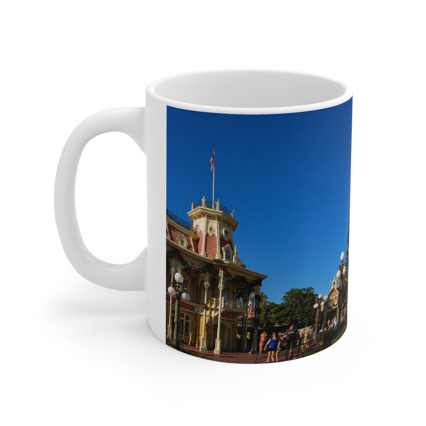 Magic Kingdom Town Square Christmas Mug — Festive Tree & Main Street Ceramic Coffee Cup (11oz, 15oz)