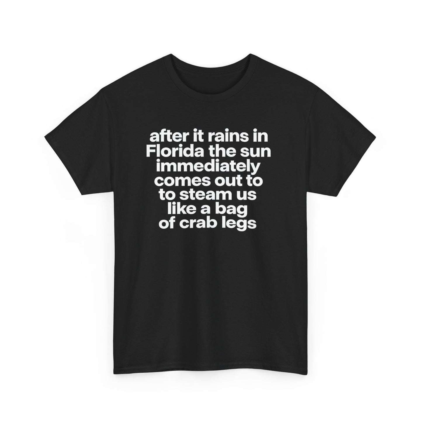 T-Shirt — "after it rains in Florida the sun immediately comes out to steam us like a bag of crab legs" Funny Florida Weather Tee