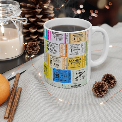 Vintage Concert Ticket Collage Mug — Retro Music Memorabilia Ceramic Coffee Cup