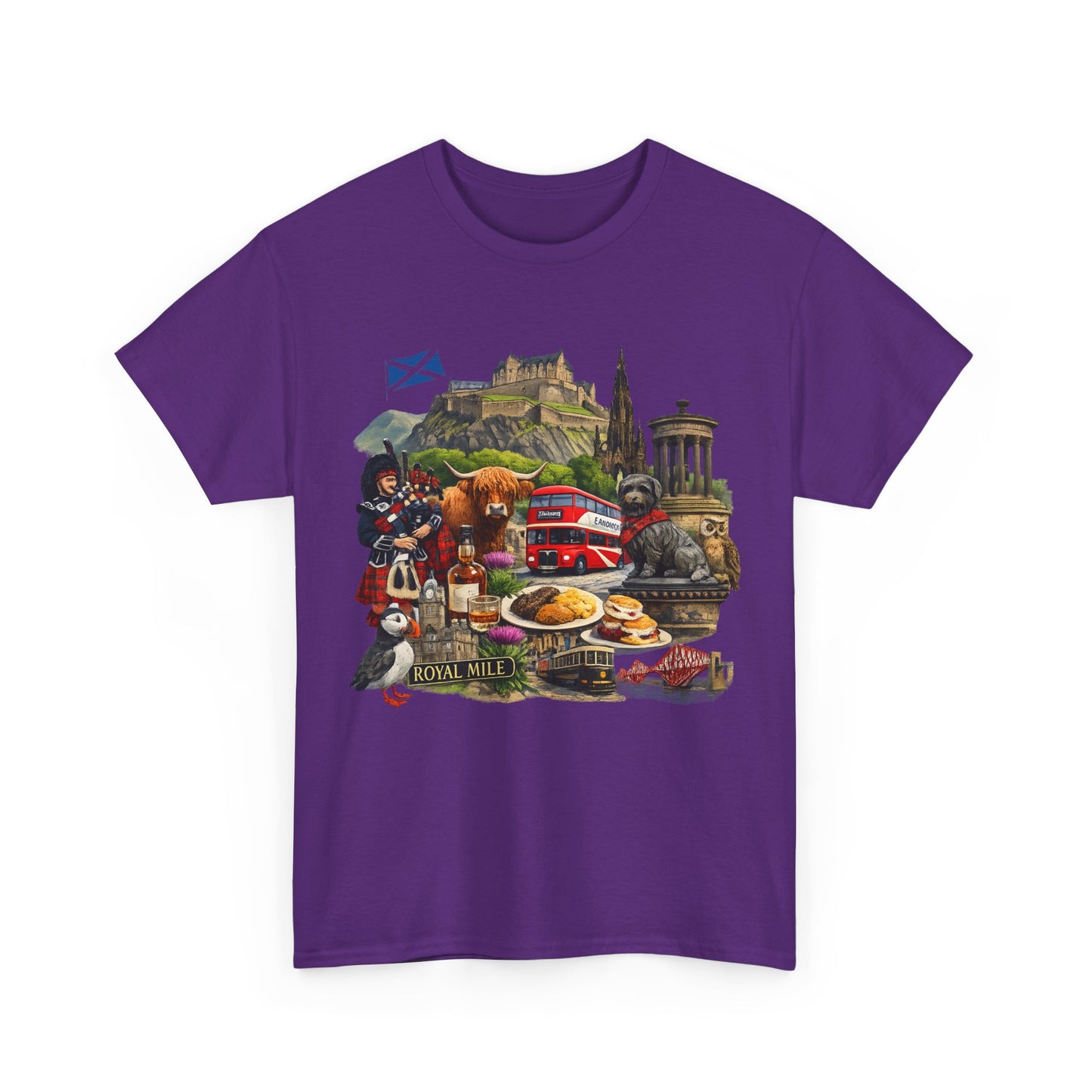 Scotland / Edinburgh Travel Collage T-Shirt — Edinburgh Castle, Bagpipes & Local Icons