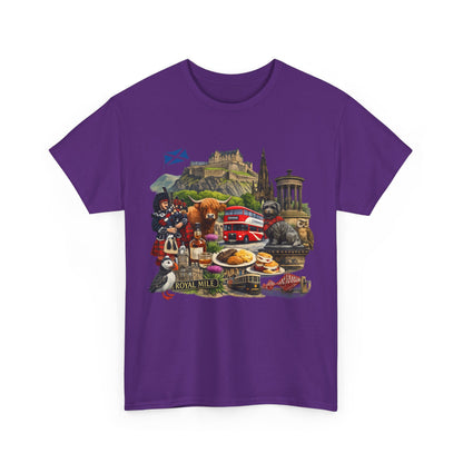 Scotland / Edinburgh Travel Collage T-Shirt — Edinburgh Castle, Bagpipes & Local Icons
