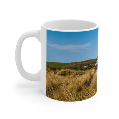 Coastal Dunes Camper Photo Mug - Scenic Beach Bus Ceramic Coffee Cup (11oz, 15oz)