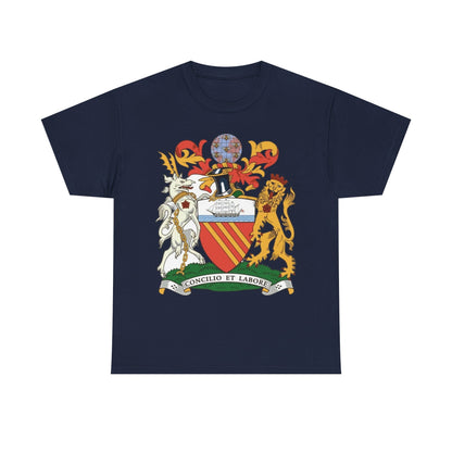Manchester Coat of Arms Crest T‑Shirt — Heraldic Family Shield Tee with 'Concilio et Labore' Banner